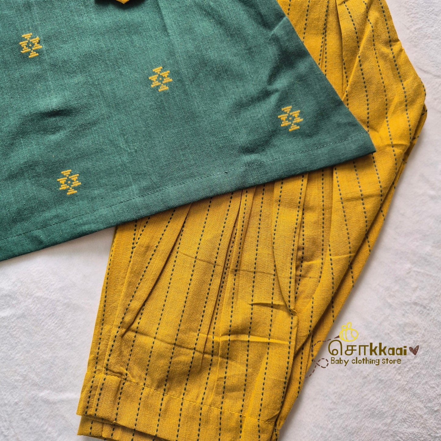 Bottle Green & Mustard Cotton Kurti-Pattiyala Set Girl(6m-5years) - Sokkaai