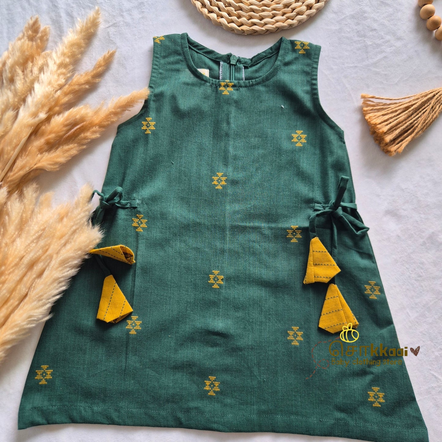 Bottle Green & Mustard Cotton Kurti-Pattiyala Set Girl(6m-5years) - Sokkaai