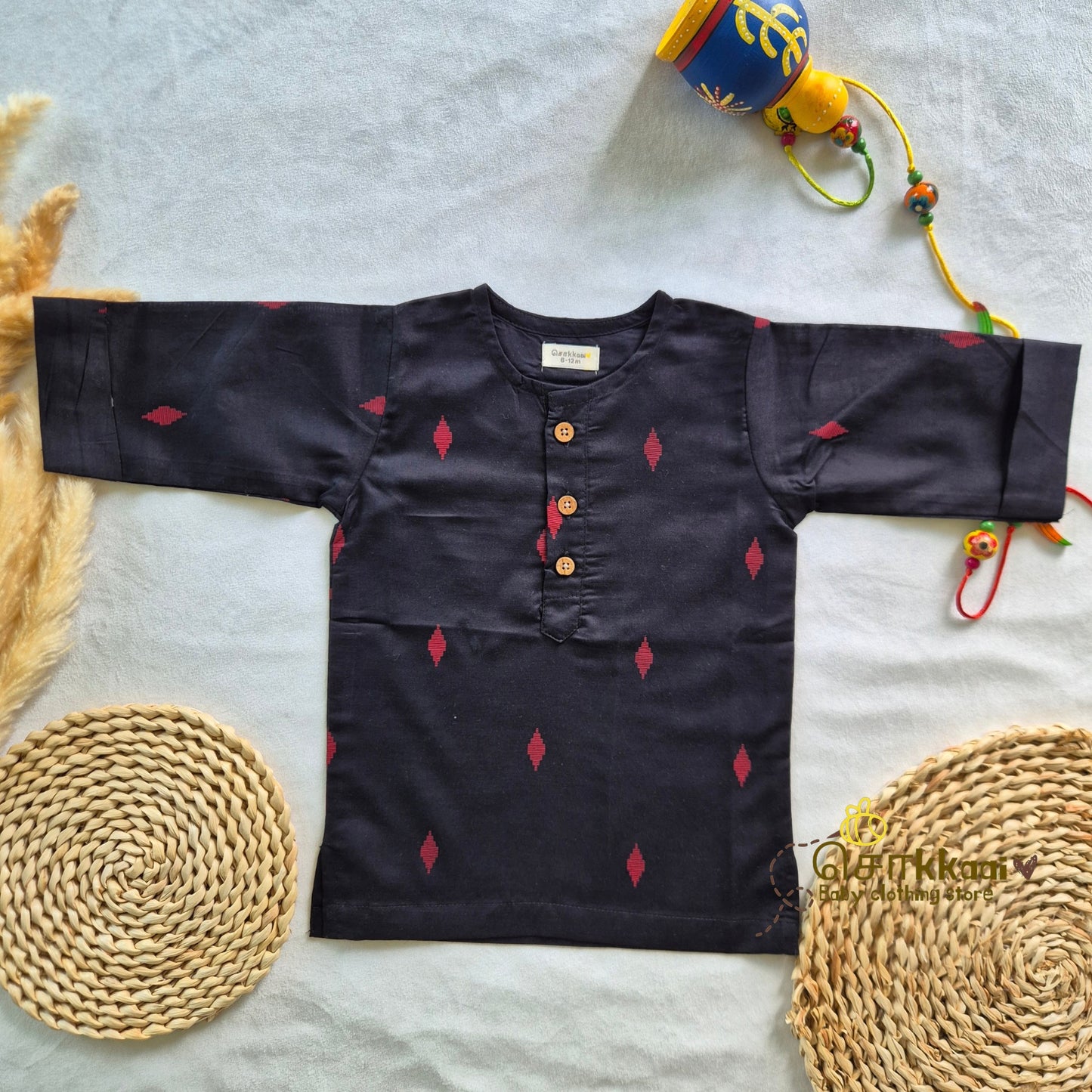 Black & Red Diamond block print mid length kurta with elbow sleeve (0-6years) Sokkaai