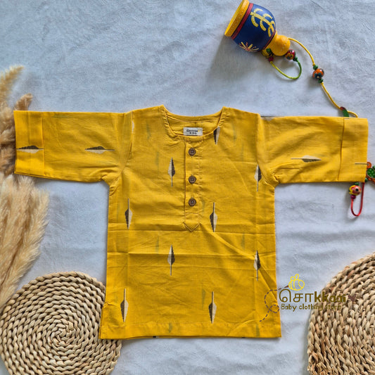 Yellow Pine block print Mid length kurta with elbow sleeve (0-6years) Sokkaai