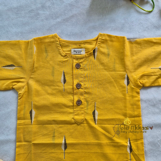 Yellow Pine block print Mid length kurta with elbow sleeve (0-6years) Sokkaai