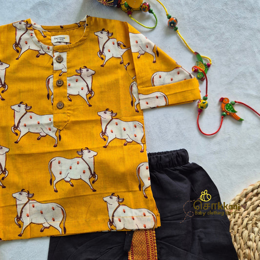 Yellow Pichwai Elbow Sleeve Cotton Kids Dhoti Set (0-6yrs) - Sokkaai