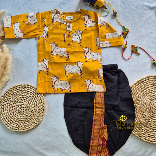Yellow Pichwai Elbow Sleeve Cotton Kids Dhoti Set (0-6yrs) - Sokkaai