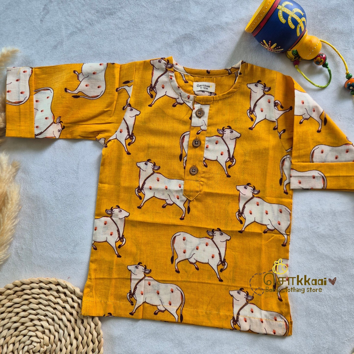 Yellow Pichwai Elbow Sleeve Cotton Kids Dhoti Set (0-6yrs) - Sokkaai