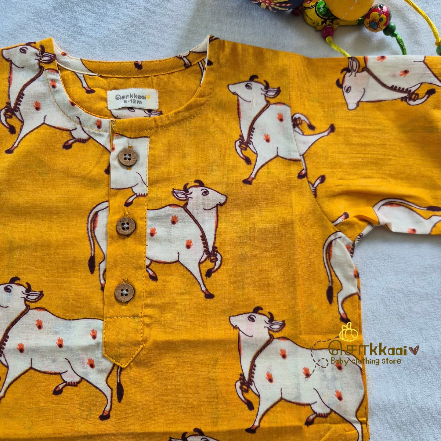 Yellow Pichwai Elbow Sleeve Cotton Kids Dhoti Set (0-6yrs) - Sokkaai