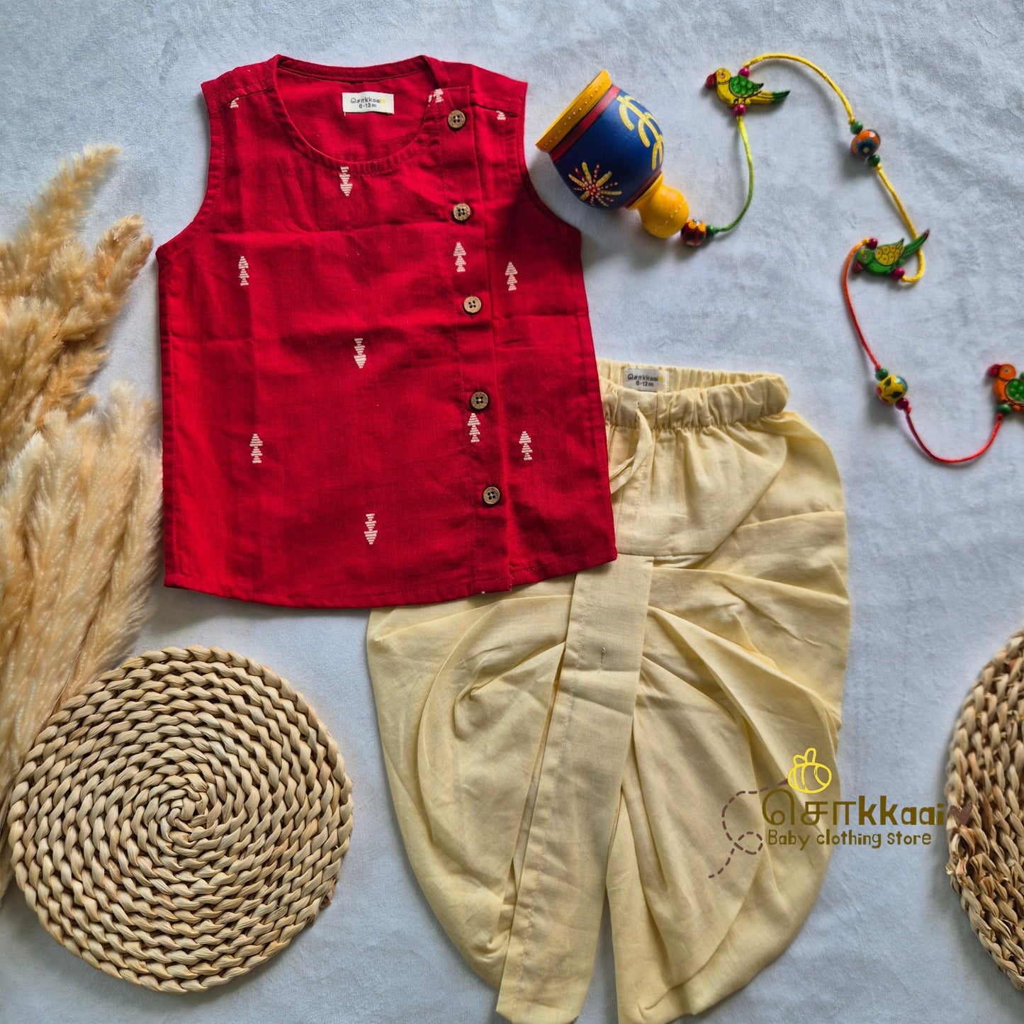 Red & Cream Cotton Kids Dhoti Set (0-3yrs) - Sokkaai