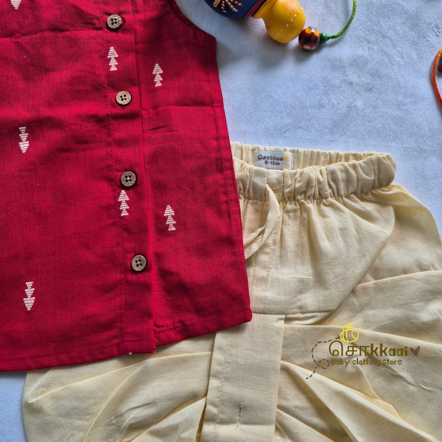 Red & Cream Cotton Kids Dhoti Set (0-3yrs) - Sokkaai