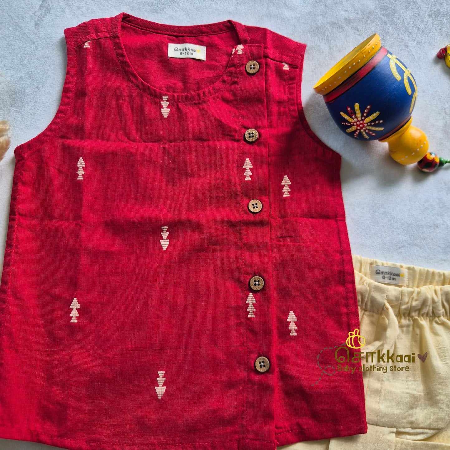 Red & Cream Cotton Kids Dhoti Set (0-3yrs) - Sokkaai