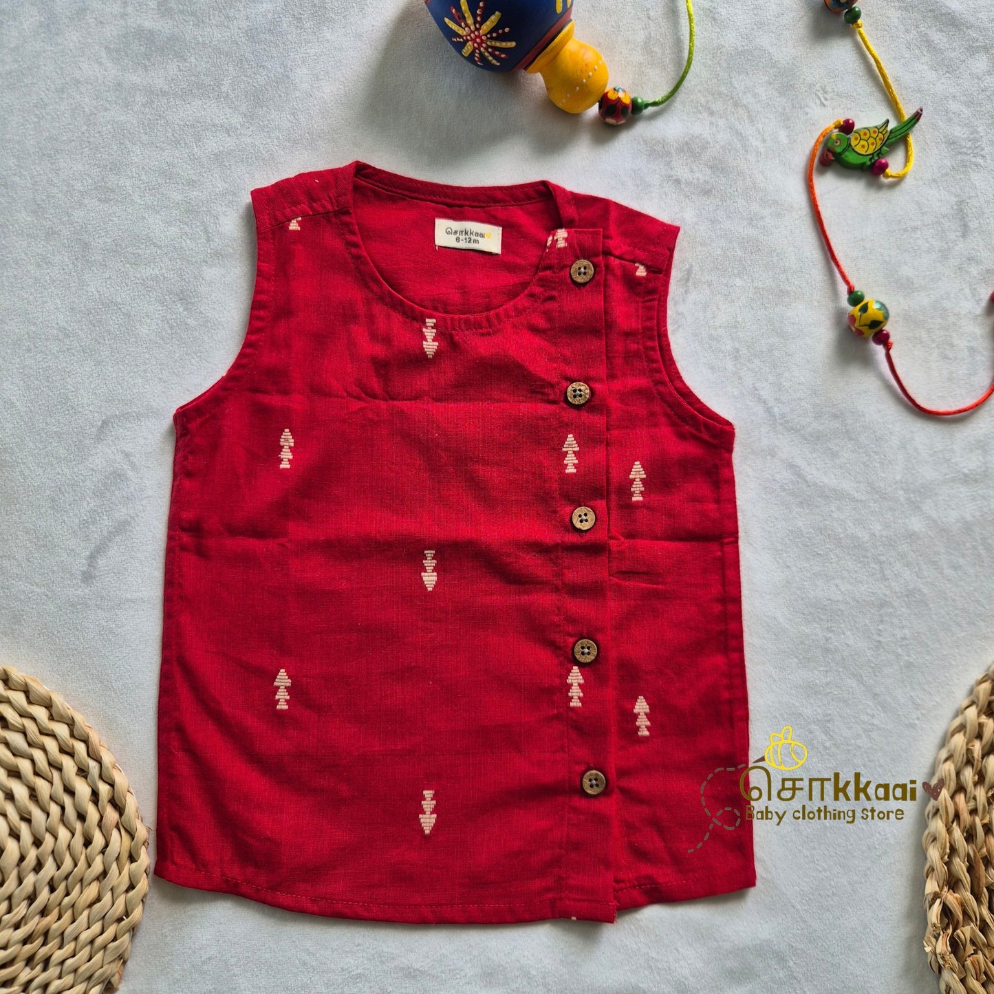 Red & Cream Cotton Kids Dhoti Set (0-3yrs) - Sokkaai