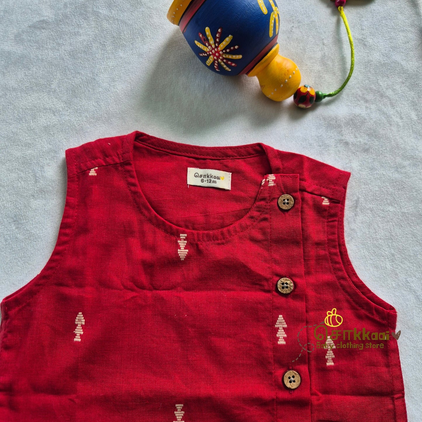 Red & Cream Cotton Kids Dhoti Set (0-3yrs) - Sokkaai