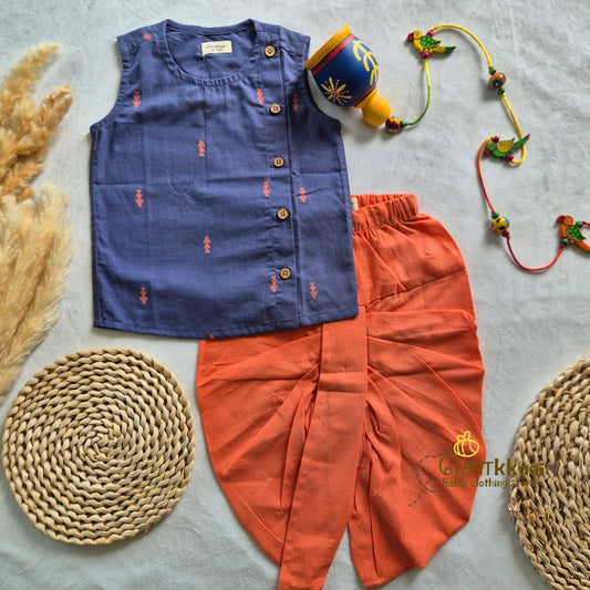 Dusty Blue & Orange Cotton Kids Dhoti Set (0-3yrs) - Sokkaai