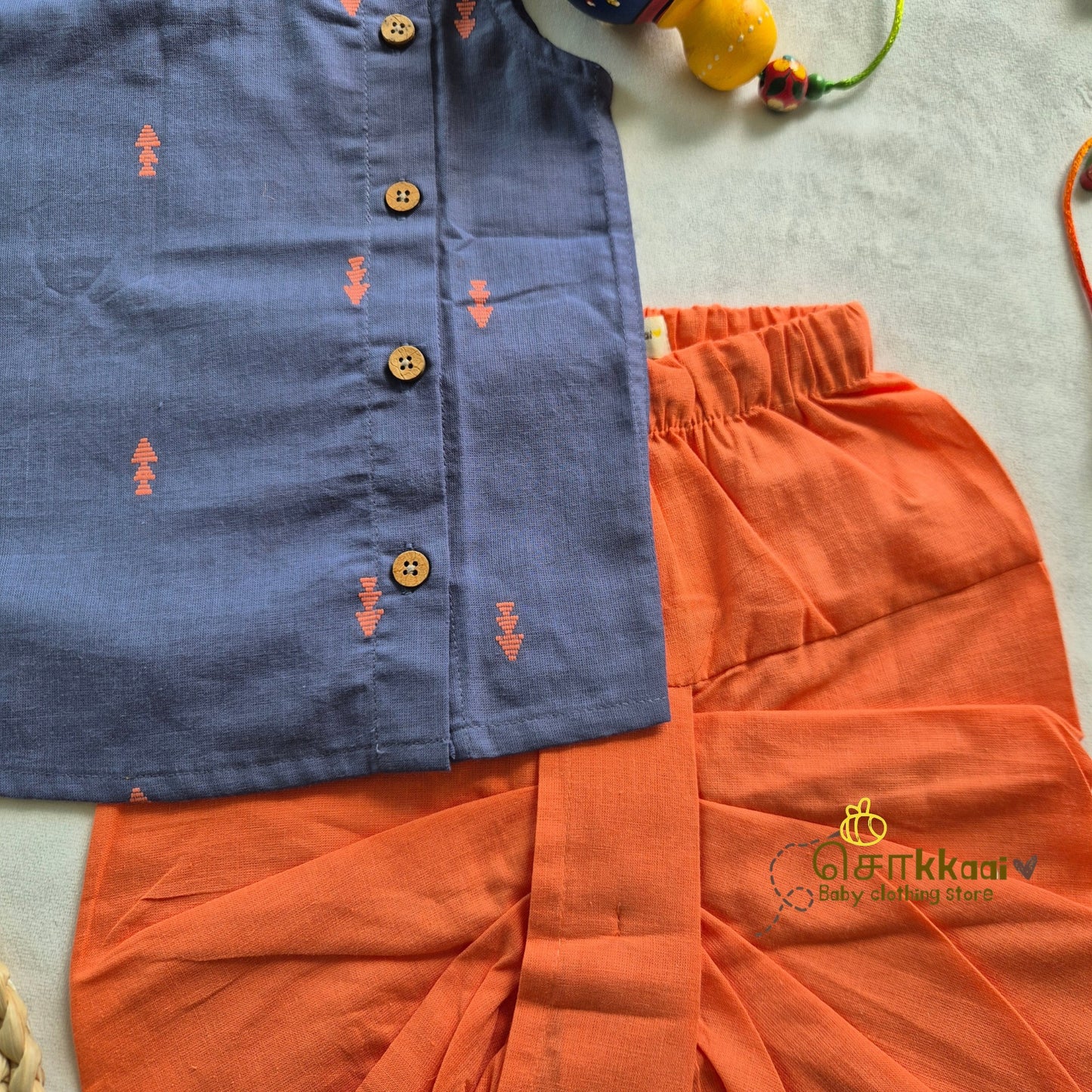 Dusty Blue & Orange Cotton Kids Dhoti Set (0-3yrs) - Sokkaai