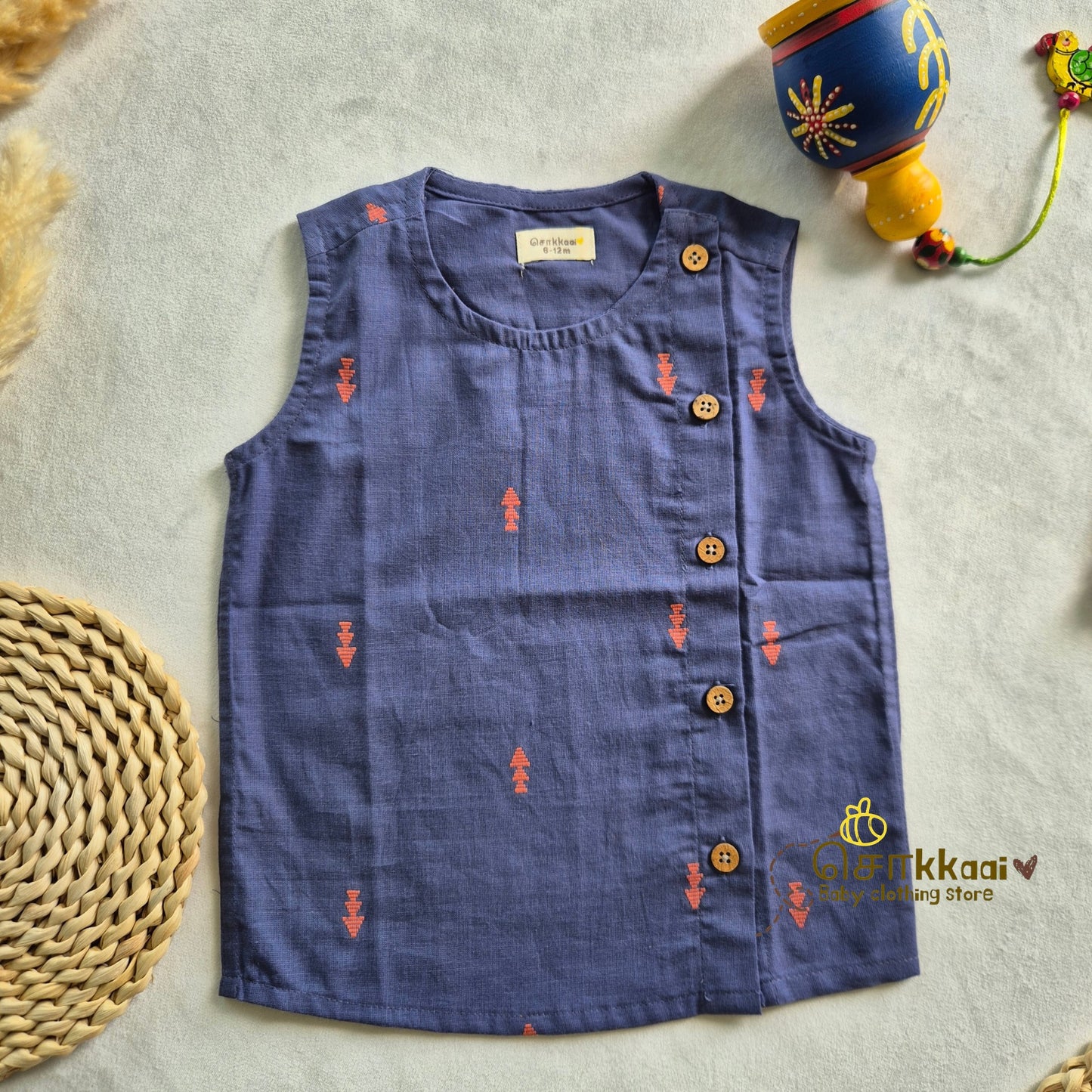 Dusty Blue & Orange Cotton Kids Dhoti Set (0-3yrs) - Sokkaai