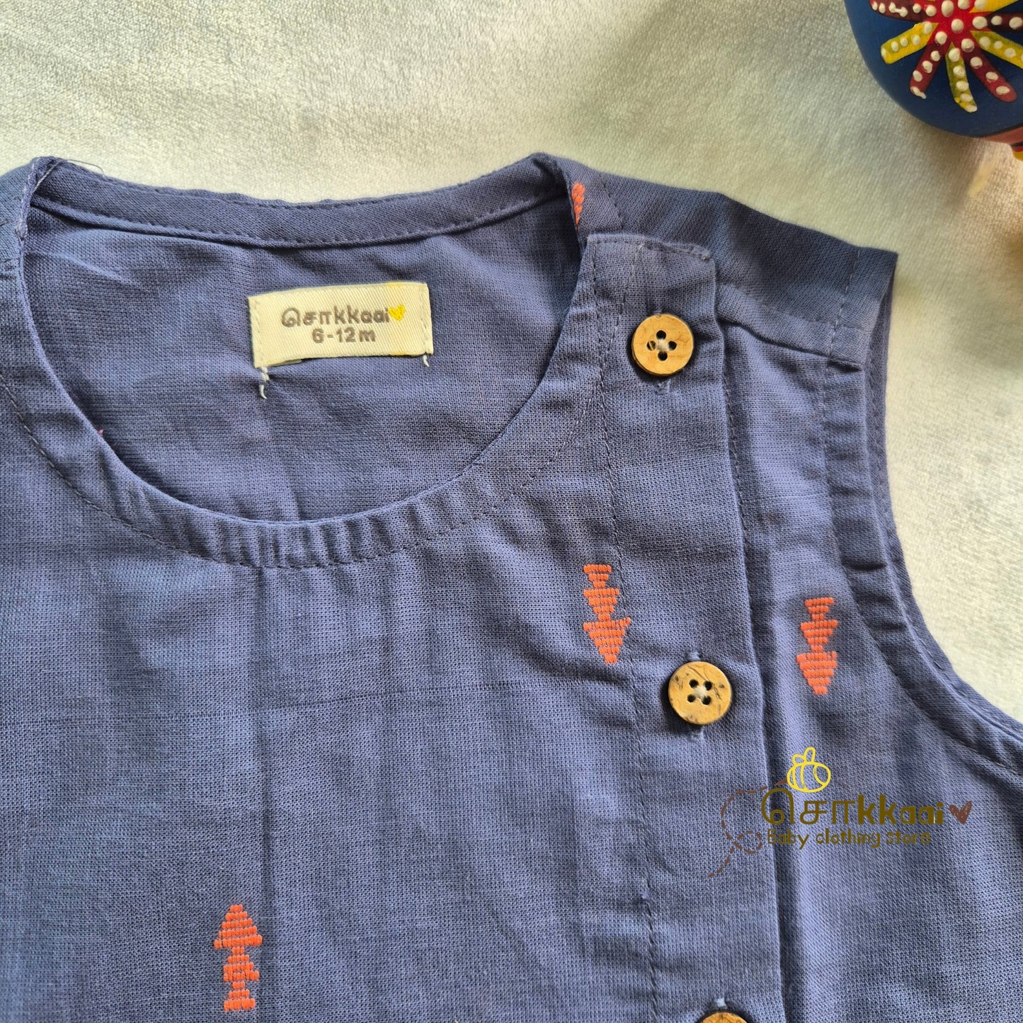 Dusty Blue & Orange Cotton Kids Dhoti Set (0-3yrs) - Sokkaai