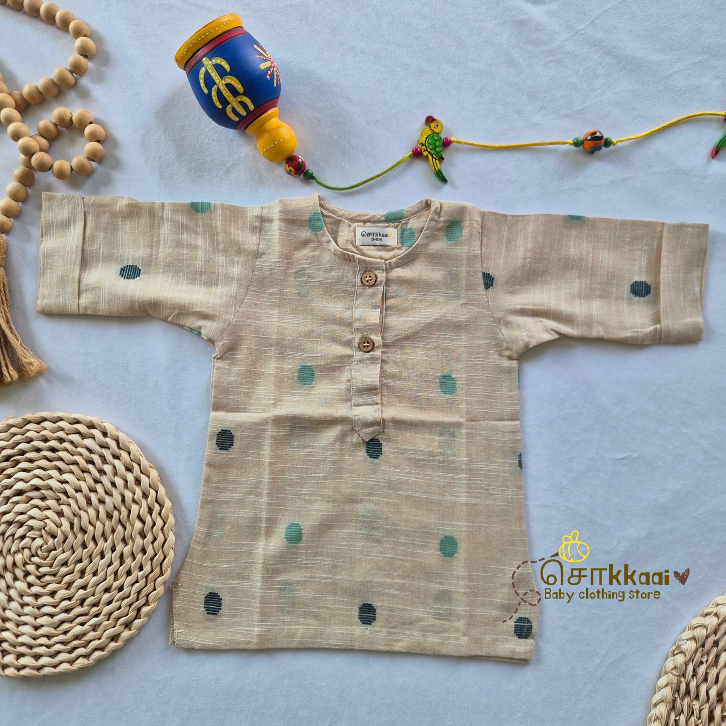 Biege & Blue Bliss Elbow Sleeve Cotton Kids Dhoti Set (0-3yrs) - Sokkaai