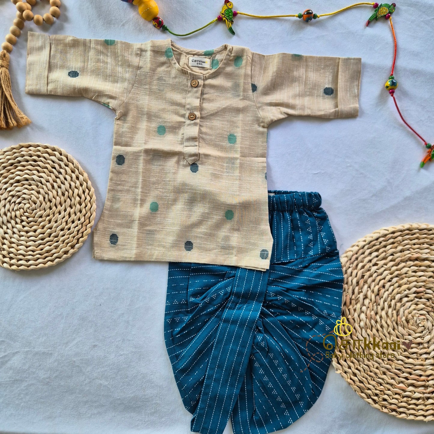 Biege & Blue Bliss Elbow Sleeve Cotton Kids Dhoti Set (0-3yrs) - Sokkaai