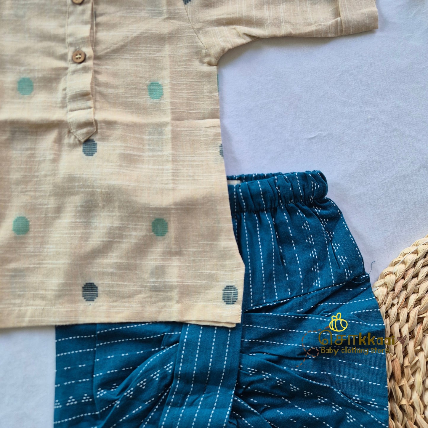 Biege & Blue Bliss Elbow Sleeve Cotton Kids Dhoti Set (0-3yrs) - Sokkaai