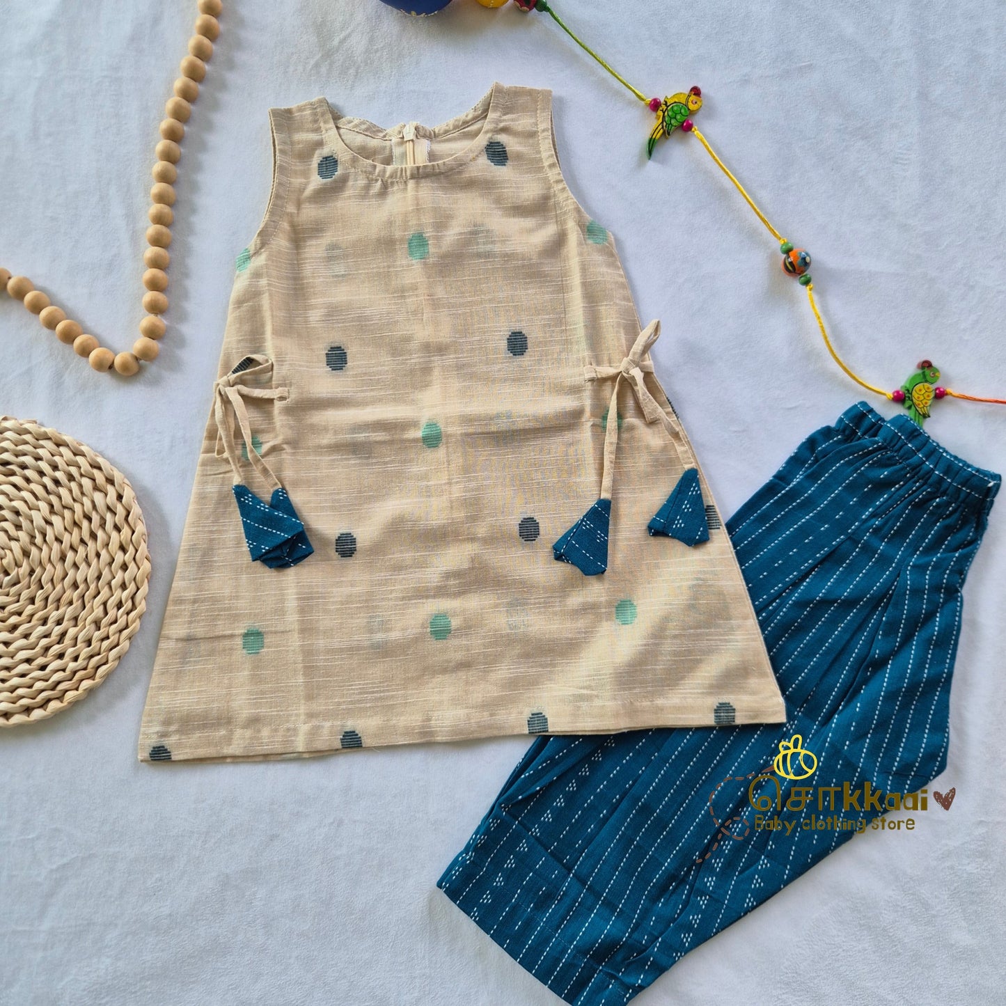 Beige & Blue Bliss Cotton Kurti-Pattiyala Set Girl(6m-5years) - Sokkaai
