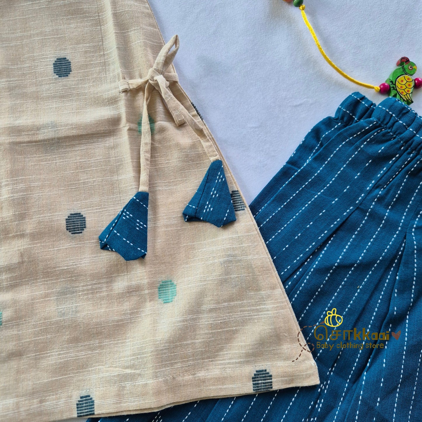 Beige & Blue Bliss Cotton Kurti-Pattiyala Set Girl(6m-5years) - Sokkaai