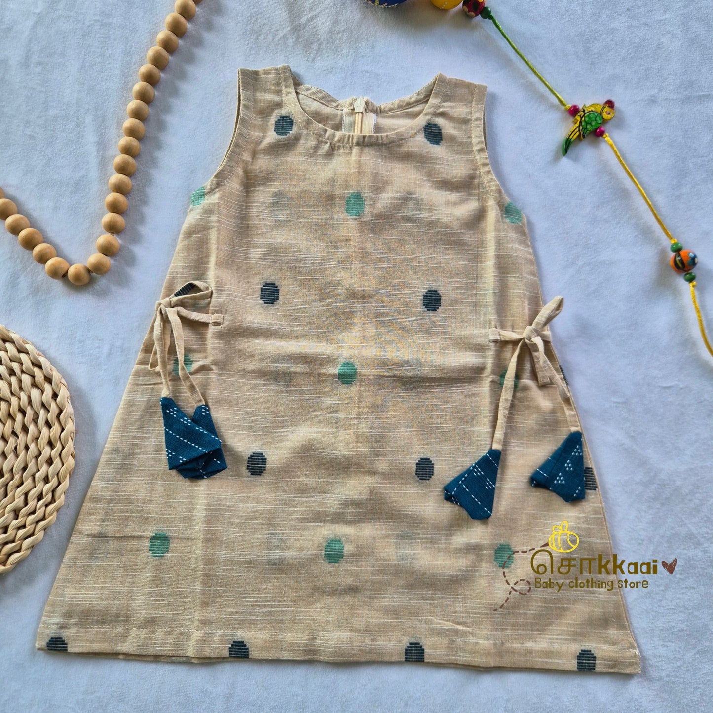 Beige & Blue Bliss Cotton Kurti-Pattiyala Set Girl(6m-5years) - Sokkaai