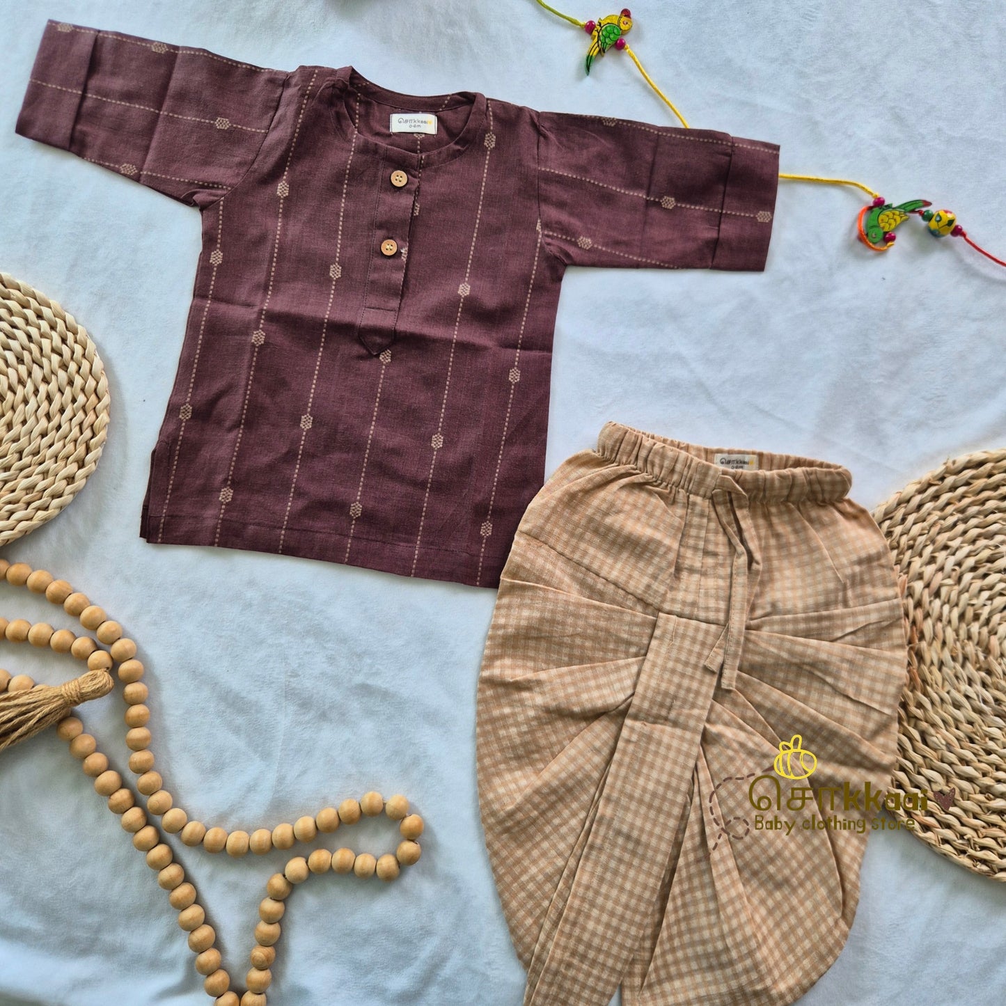 Brown & Biege Elbow Sleeve Cotton Kids Dhoti Set (0-3yrs) - Sokkaai