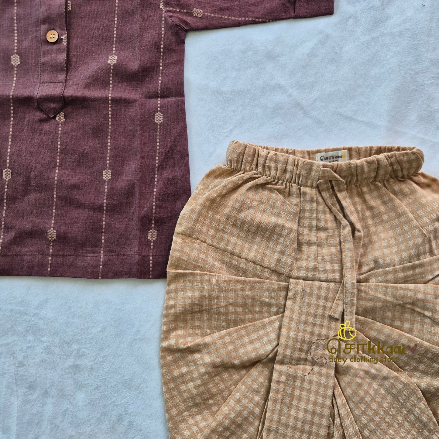 Brown & Biege Elbow Sleeve Cotton Kids Dhoti Set (0-3yrs) - Sokkaai