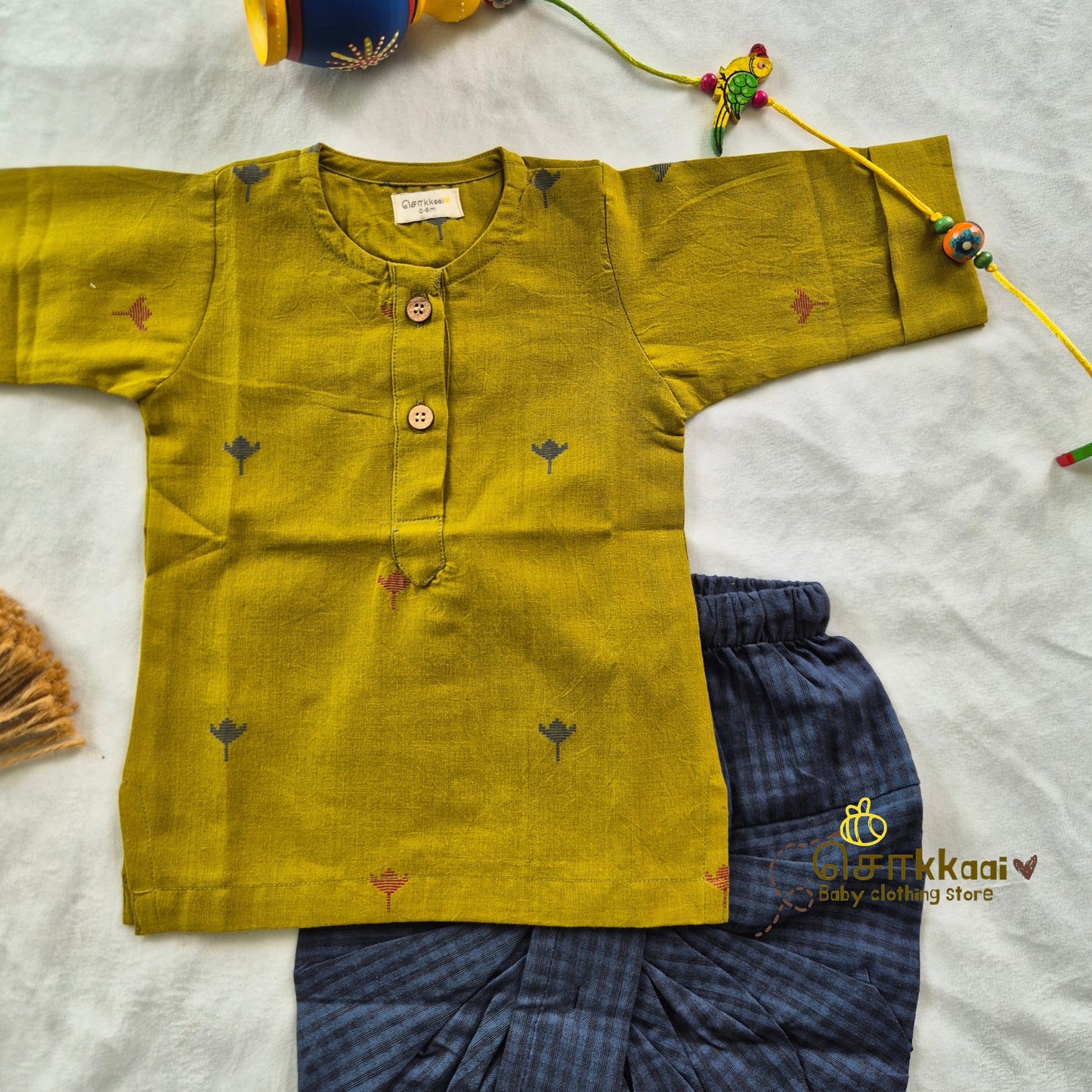 Mustard & Blue Lotus  Elbow Sleeve Cotton Kids Dhoti Set (0-3yrs) - Sokkaai
