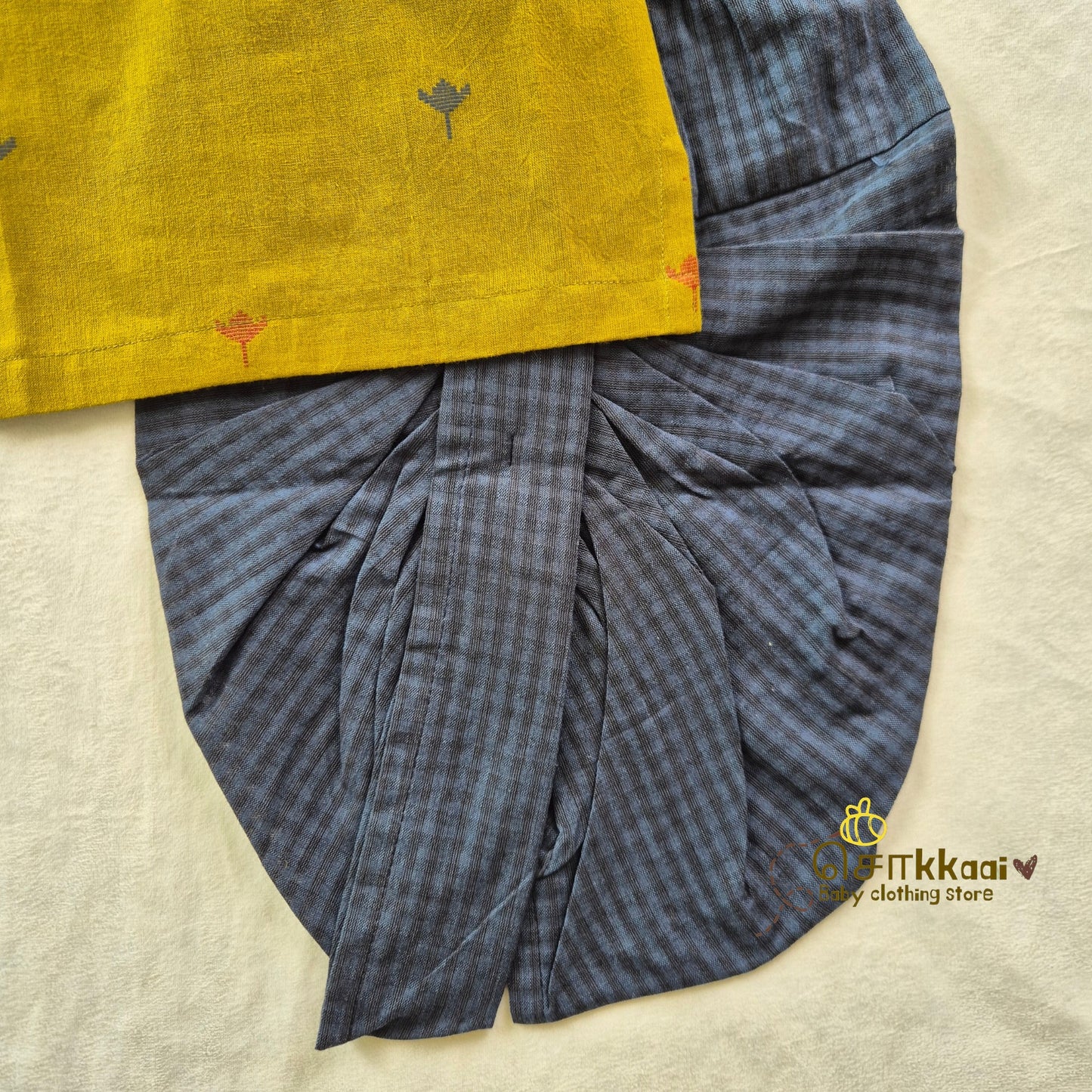 Mustard & Blue Lotus  Elbow Sleeve Cotton Kids Dhoti Set (0-3yrs) - Sokkaai