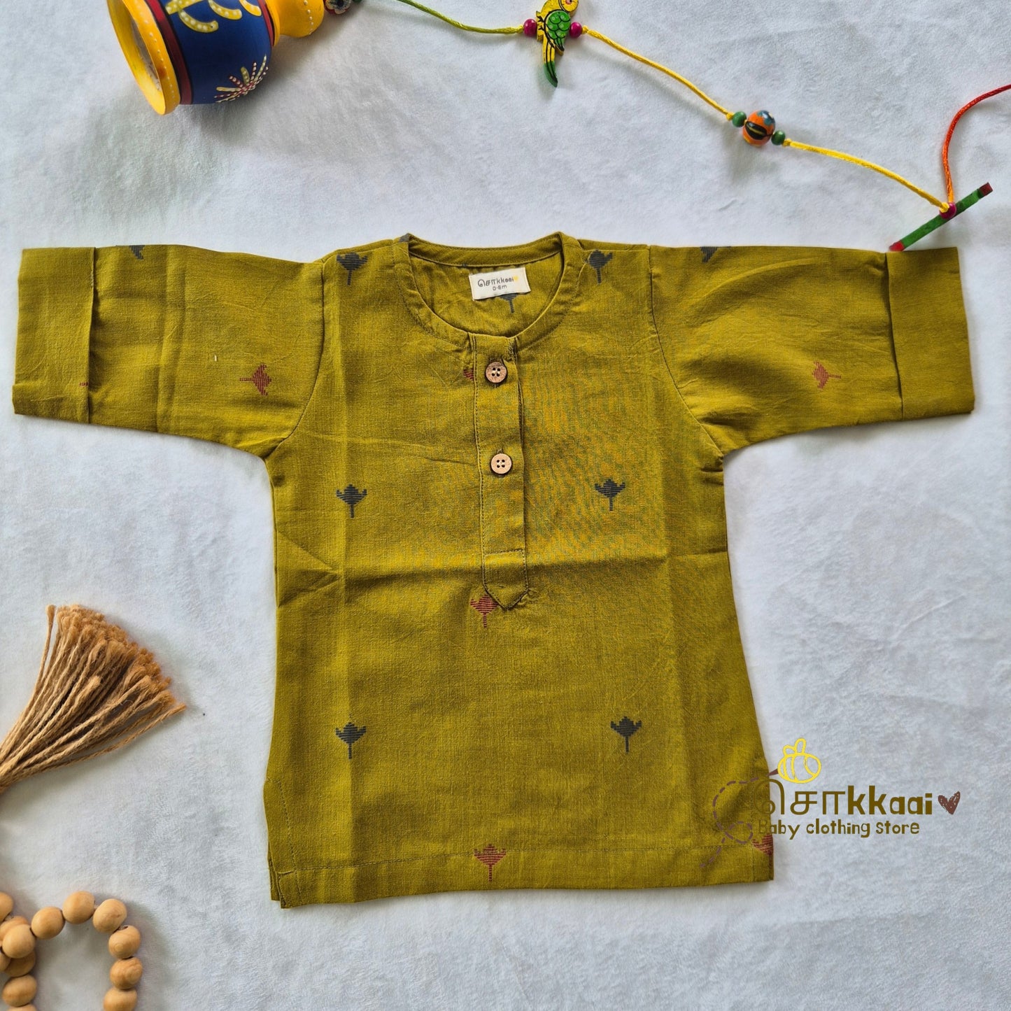 Mustard & Blue Lotus  Elbow Sleeve Cotton Kids Dhoti Set (0-3yrs) - Sokkaai