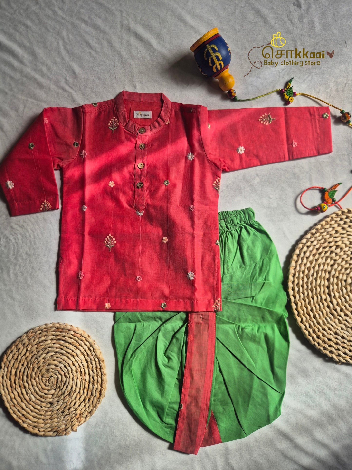 Coral Bloom Mul Chanderi Kids Dhoti Set (1-5yrs) - Sokkaai