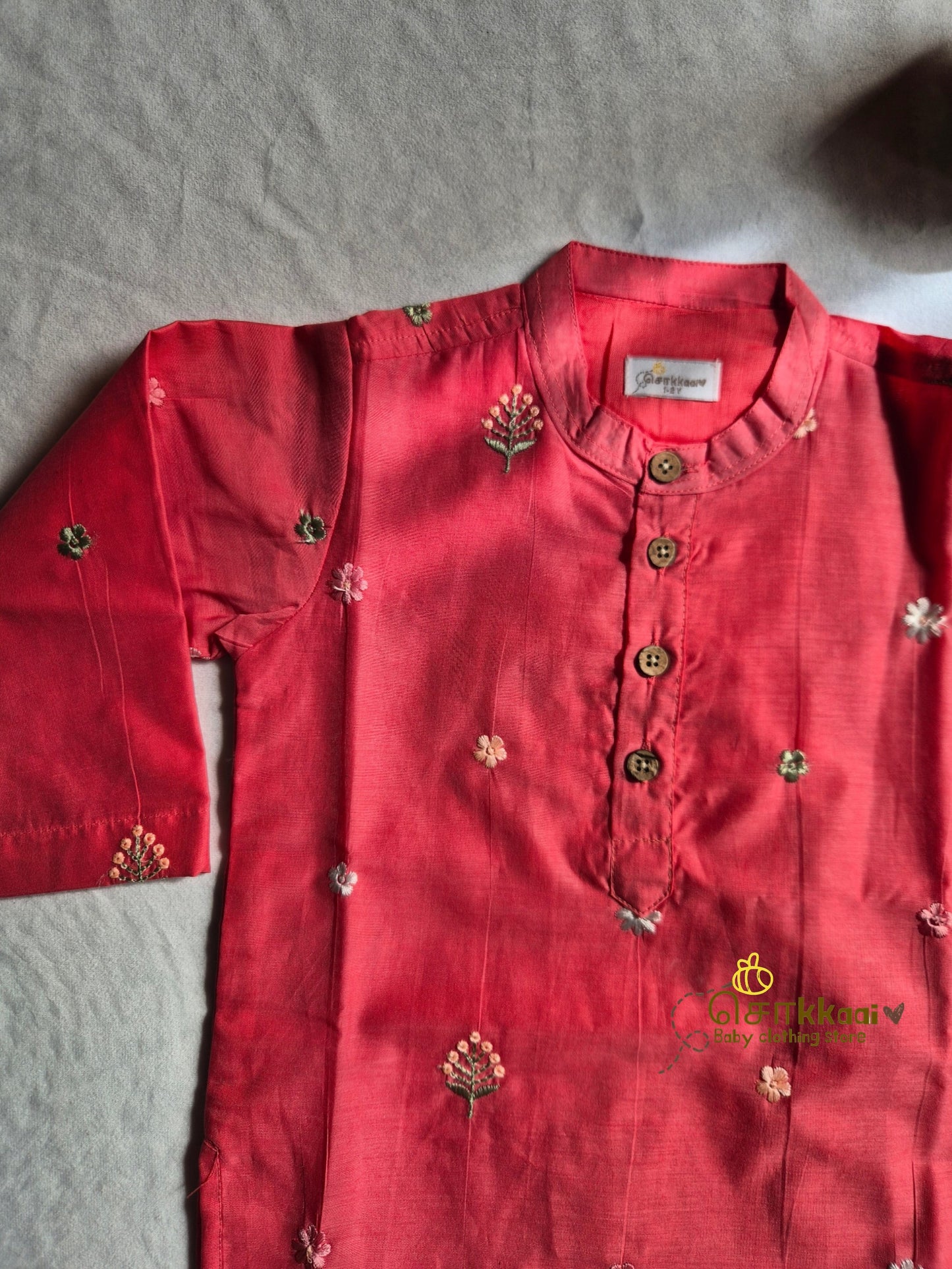 Coral Bloom Mul Chanderi Kids Dhoti Set (1-5yrs) - Sokkaai