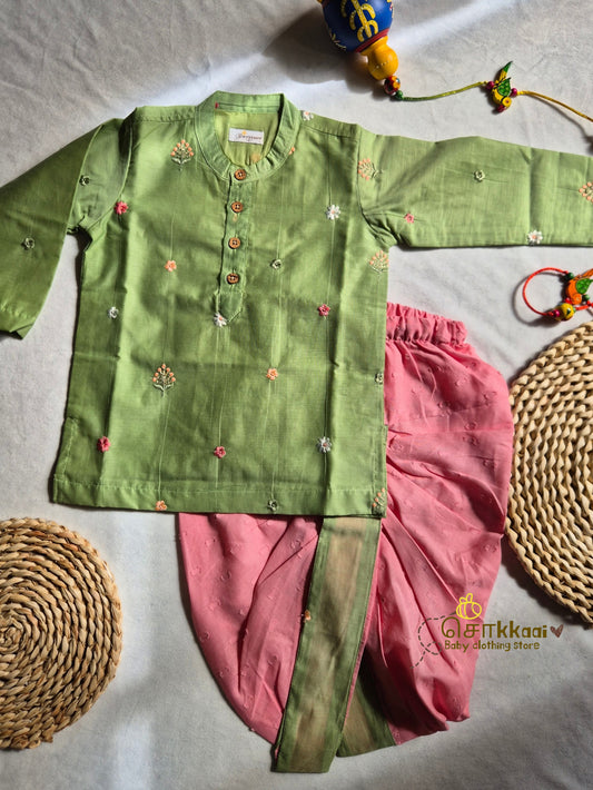 Pistachio Bloom Mul Chanderi Kids Dhoti Set (1-5yrs) - Sokkaai