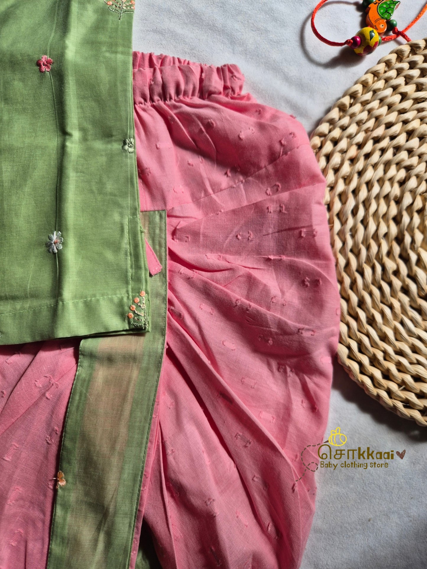 Pistachio Bloom Mul Chanderi Kids Dhoti Set (1-5yrs) - Sokkaai