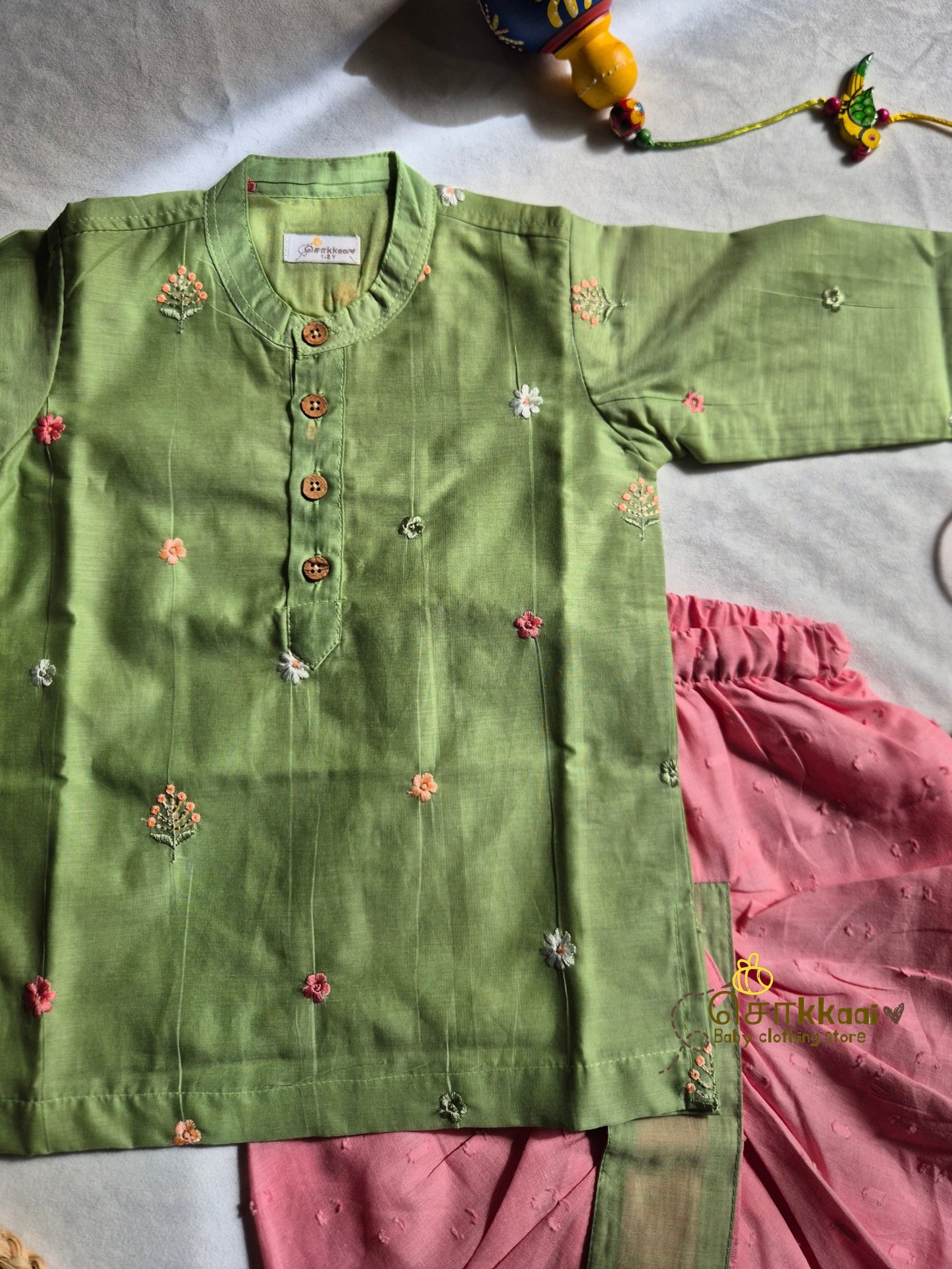 Pistachio Bloom Mul Chanderi Kids Dhoti Set (1-5yrs) - Sokkaai