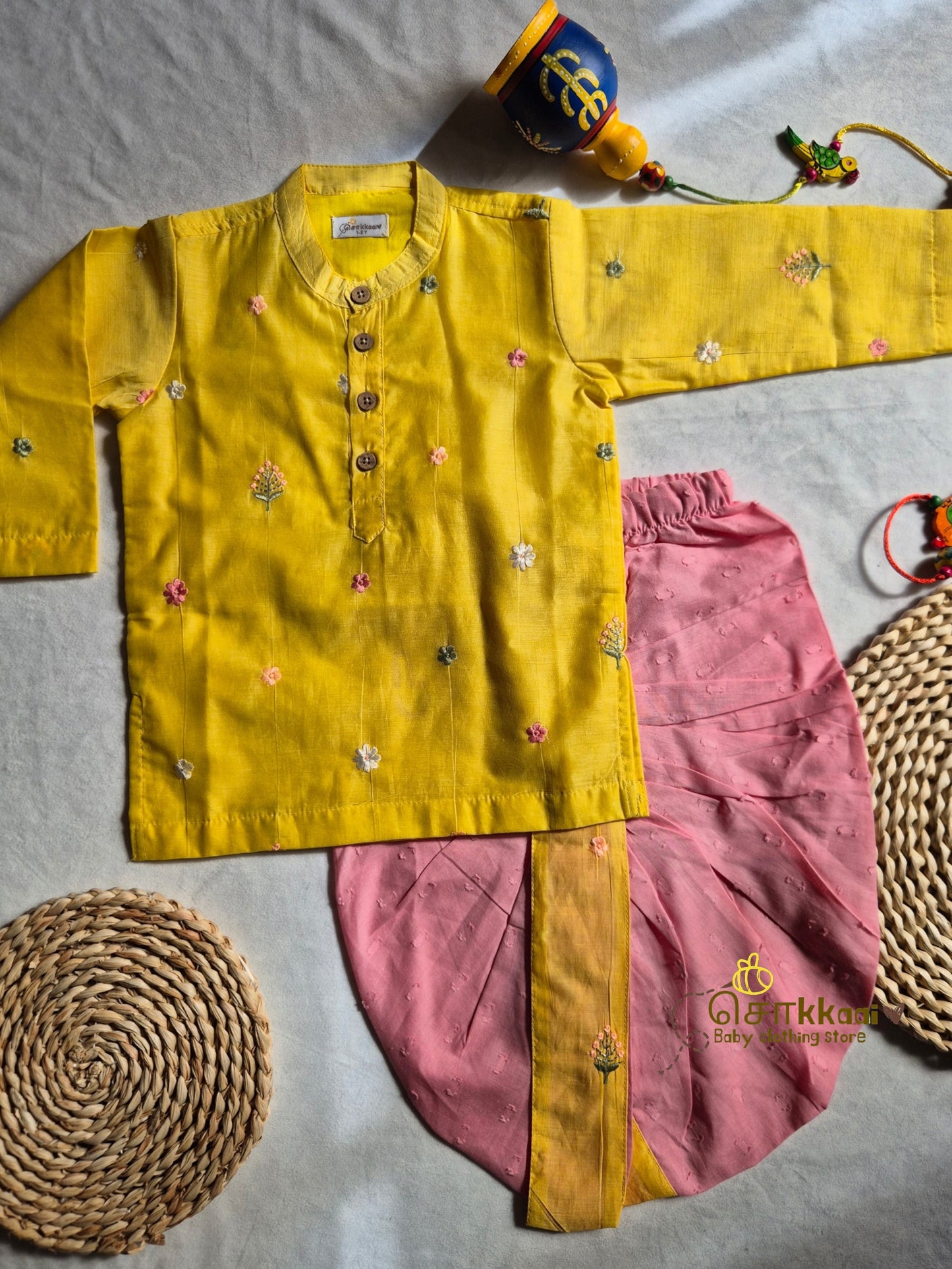 Yellow Bloom Mul Chanderi Kids Dhoti Set (1-5yrs) - Sokkaai