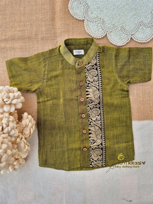 Olive Green Mangalgiri Cotton Kids Shirt (6m-5yrs) - Sokkaai