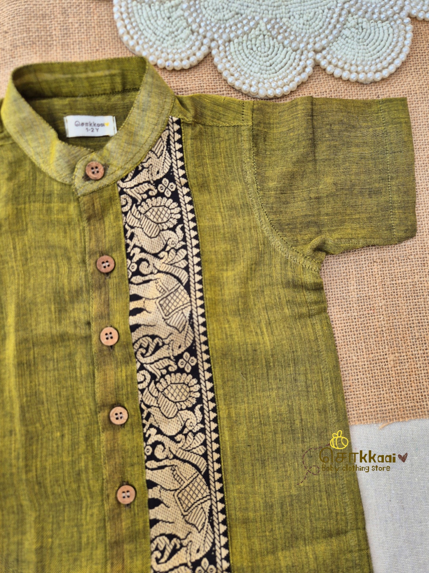 Olive Green Mangalgiri Cotton Kids Shirt (6m-5yrs) - Sokkaai