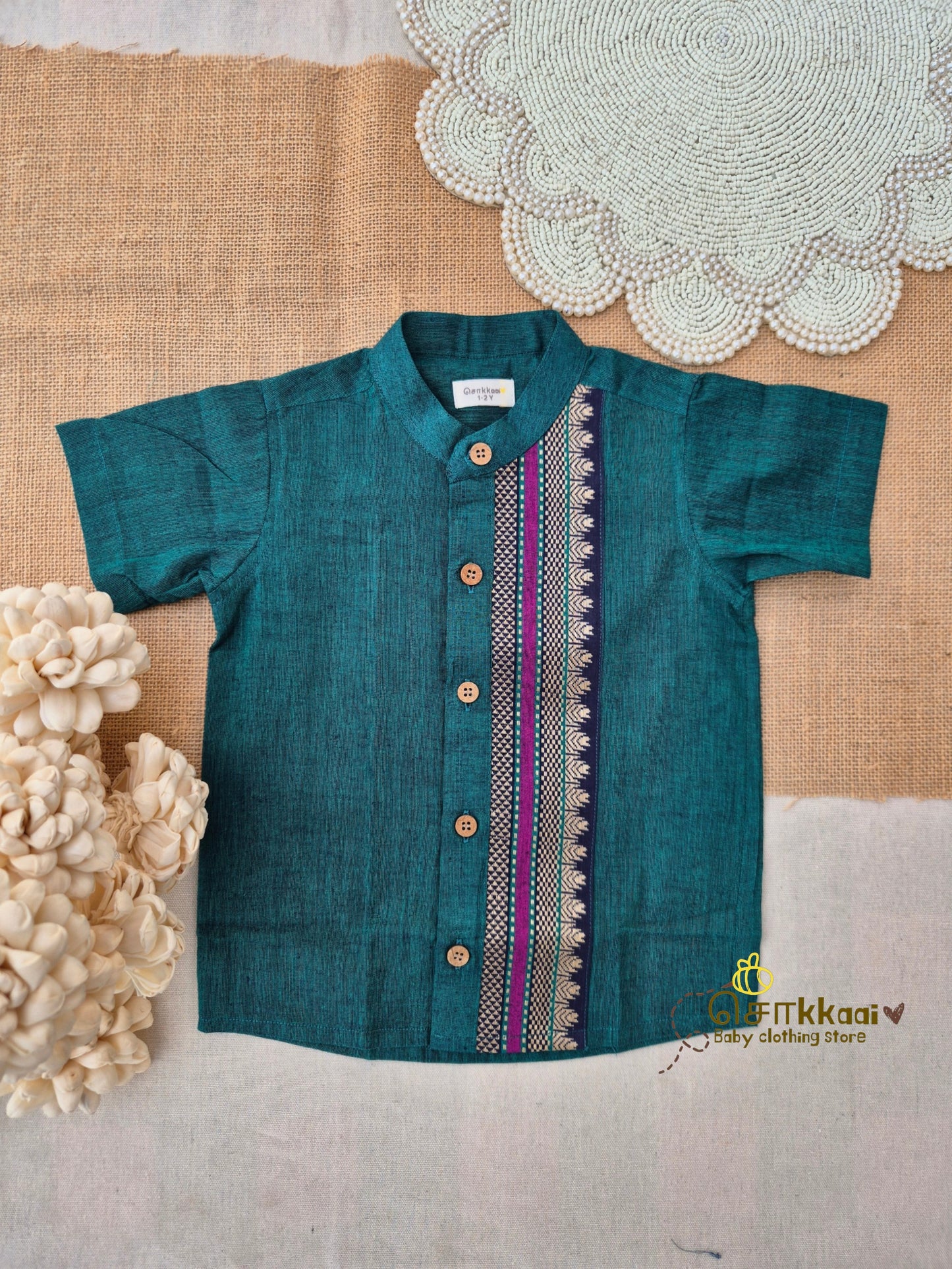 Peacock Blue Mangalgiri Cotton Kids Shirt (6m-5yrs) - Sokkaai