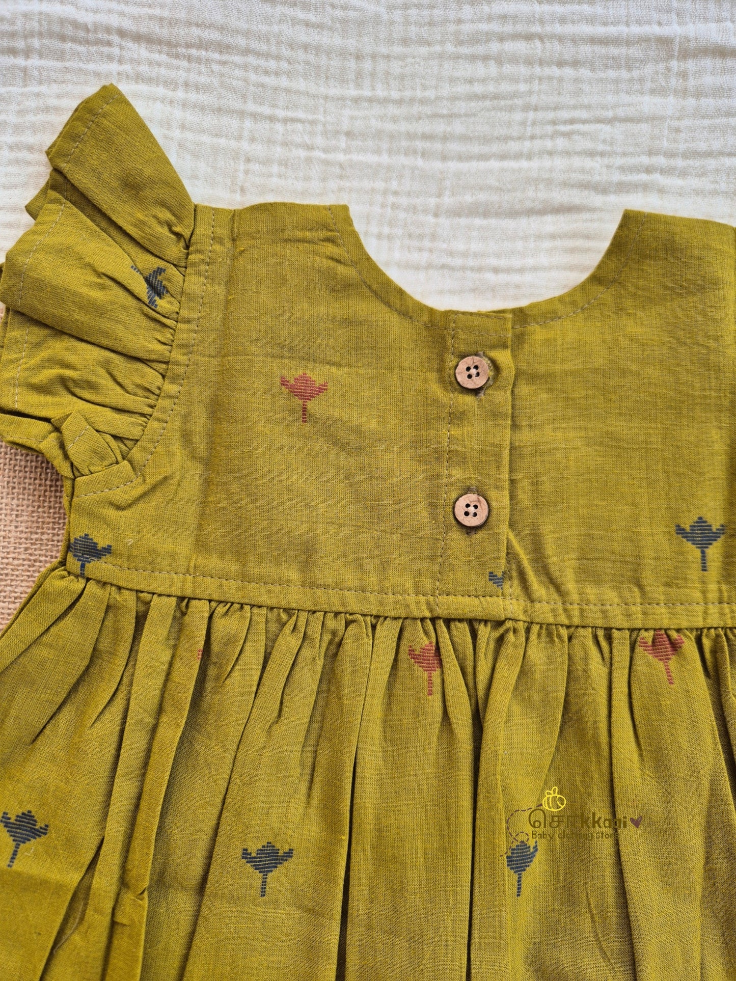 Olive Orchard Frill Sleeve Box Neck Frock (1-5years) - Sokkaai