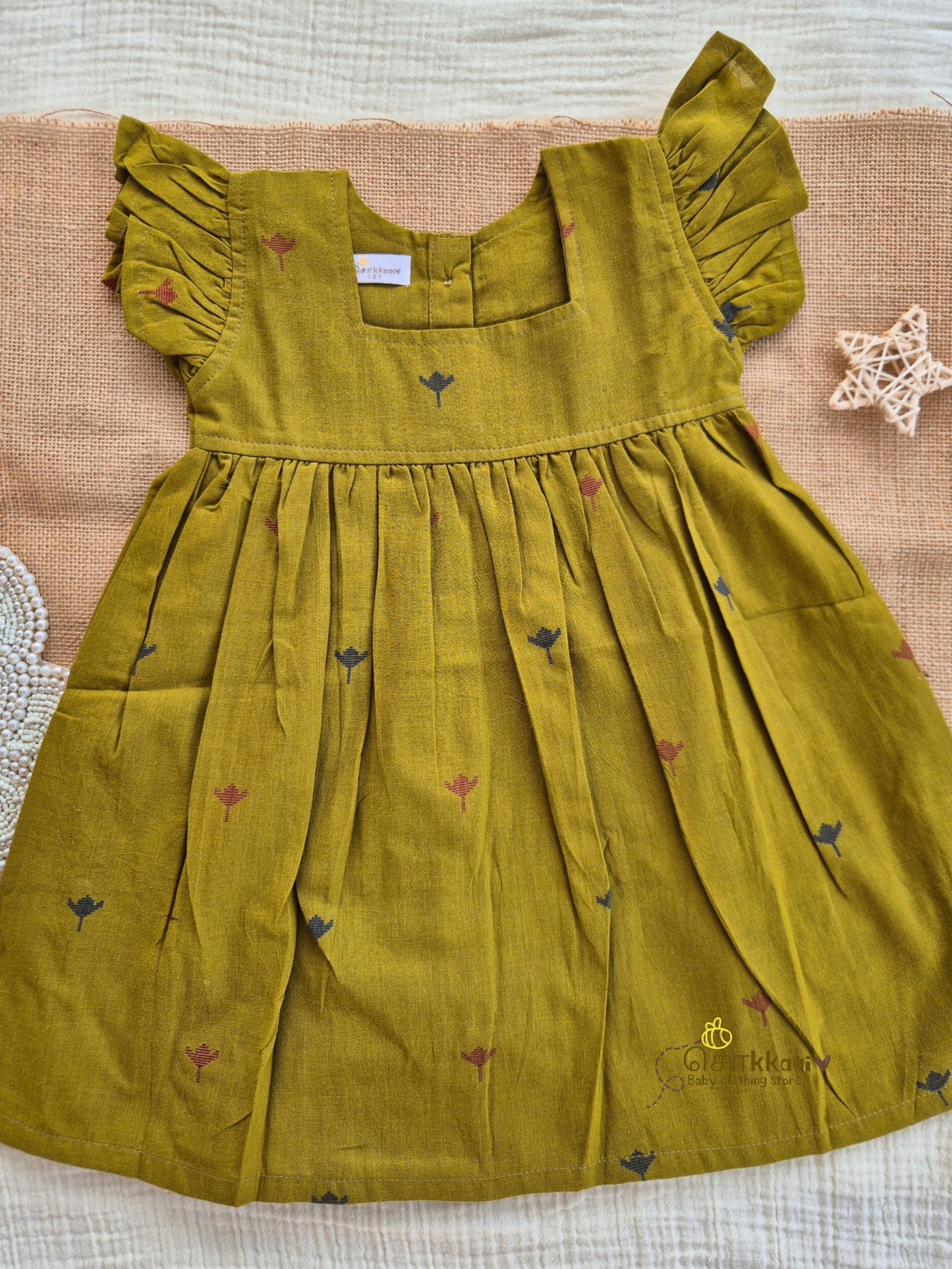 Olive Orchard Frill Sleeve Box Neck Frock (1-5years) - Sokkaai