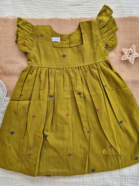 Olive Orchard Frill Sleeve Box Neck Frock (1-5years) - Sokkaai