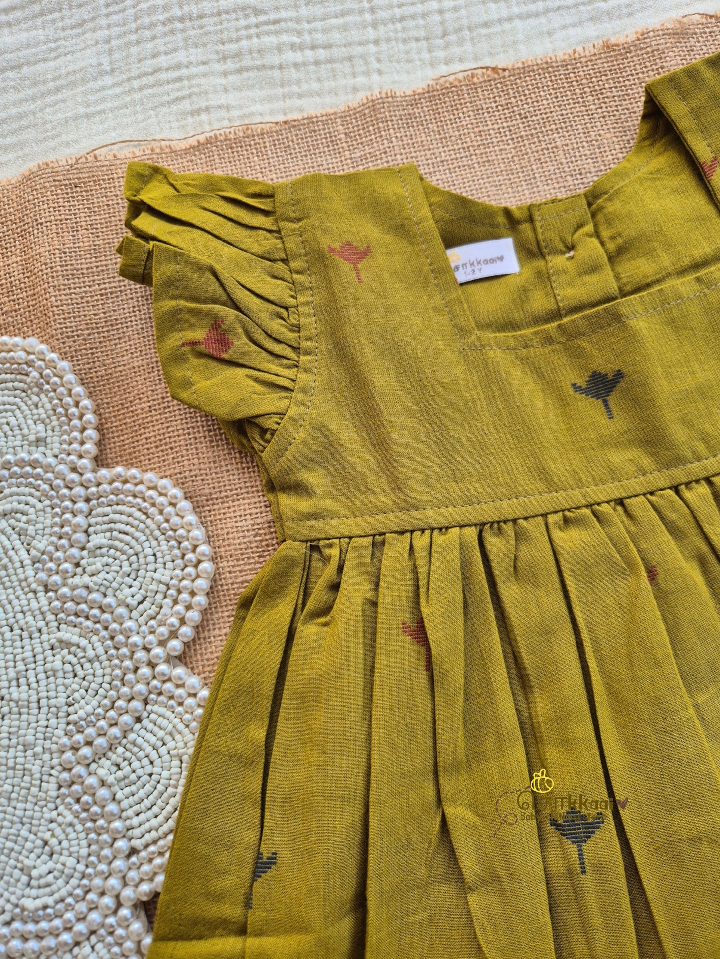 Olive Orchard Frill Sleeve Box Neck Frock (1-5years) - Sokkaai