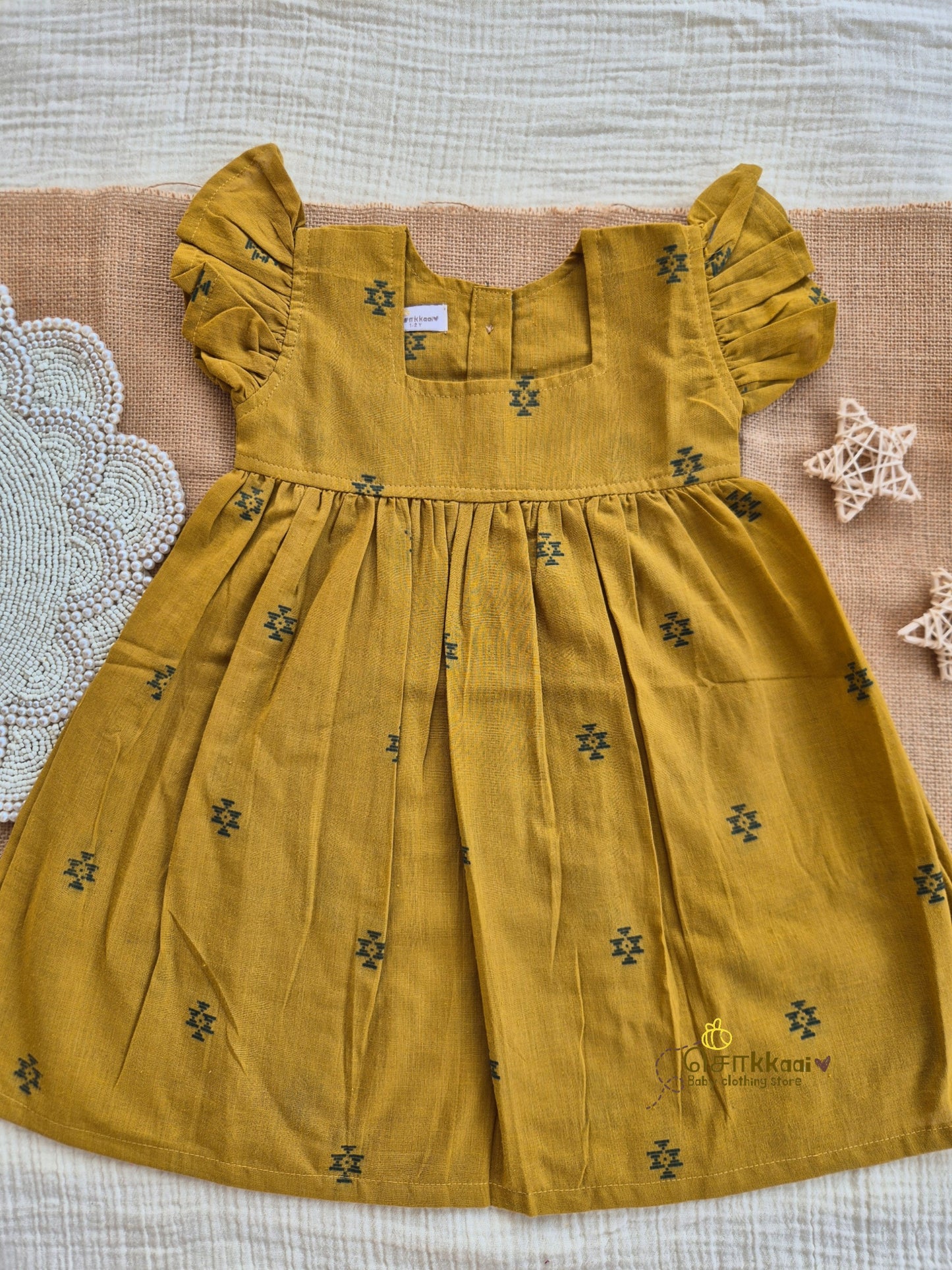 Mustard Grove Frill Sleeve Box Neck Frock (1-5years) - Sokkaai