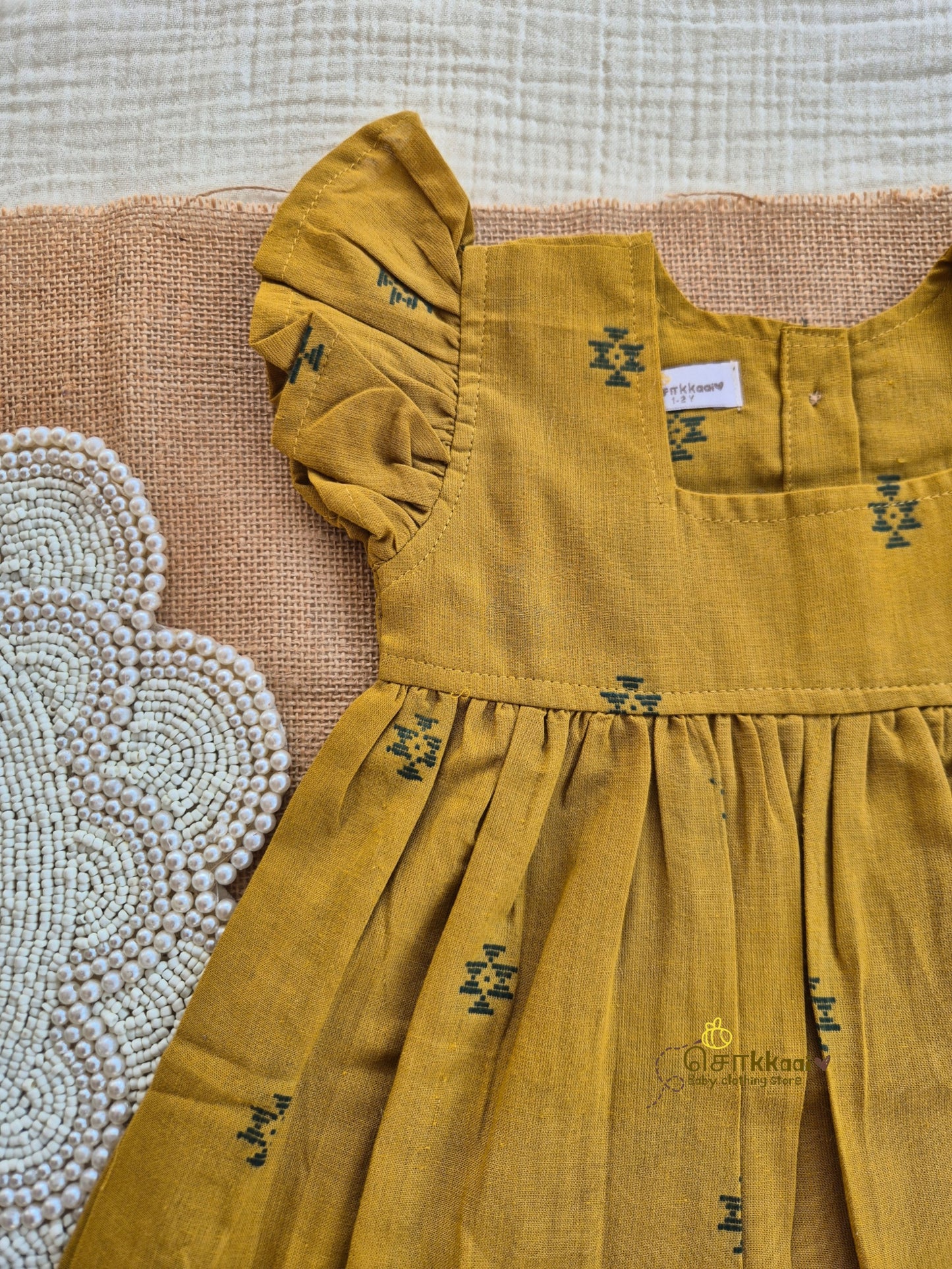 Mustard Grove Frill Sleeve Box Neck Frock (1-5years) - Sokkaai