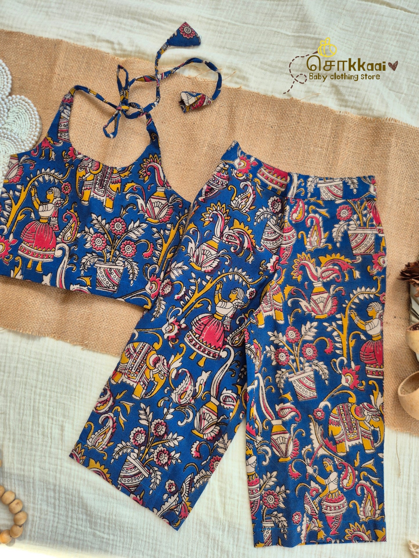 Folk Blue Kalamkari Palazzo Set (1-6years) - Sokkaai