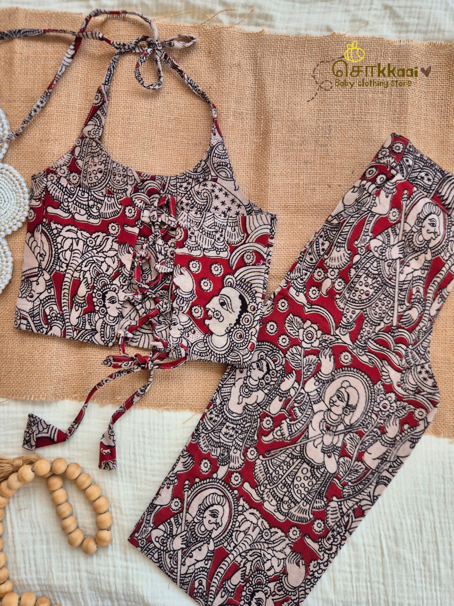 Red Heritage Kalamkari Palazzo Set (1-6years) - Sokkaai