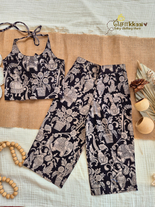 Black Bloom Kalamkari Palazzo Set (1-6years) - Sokkaai