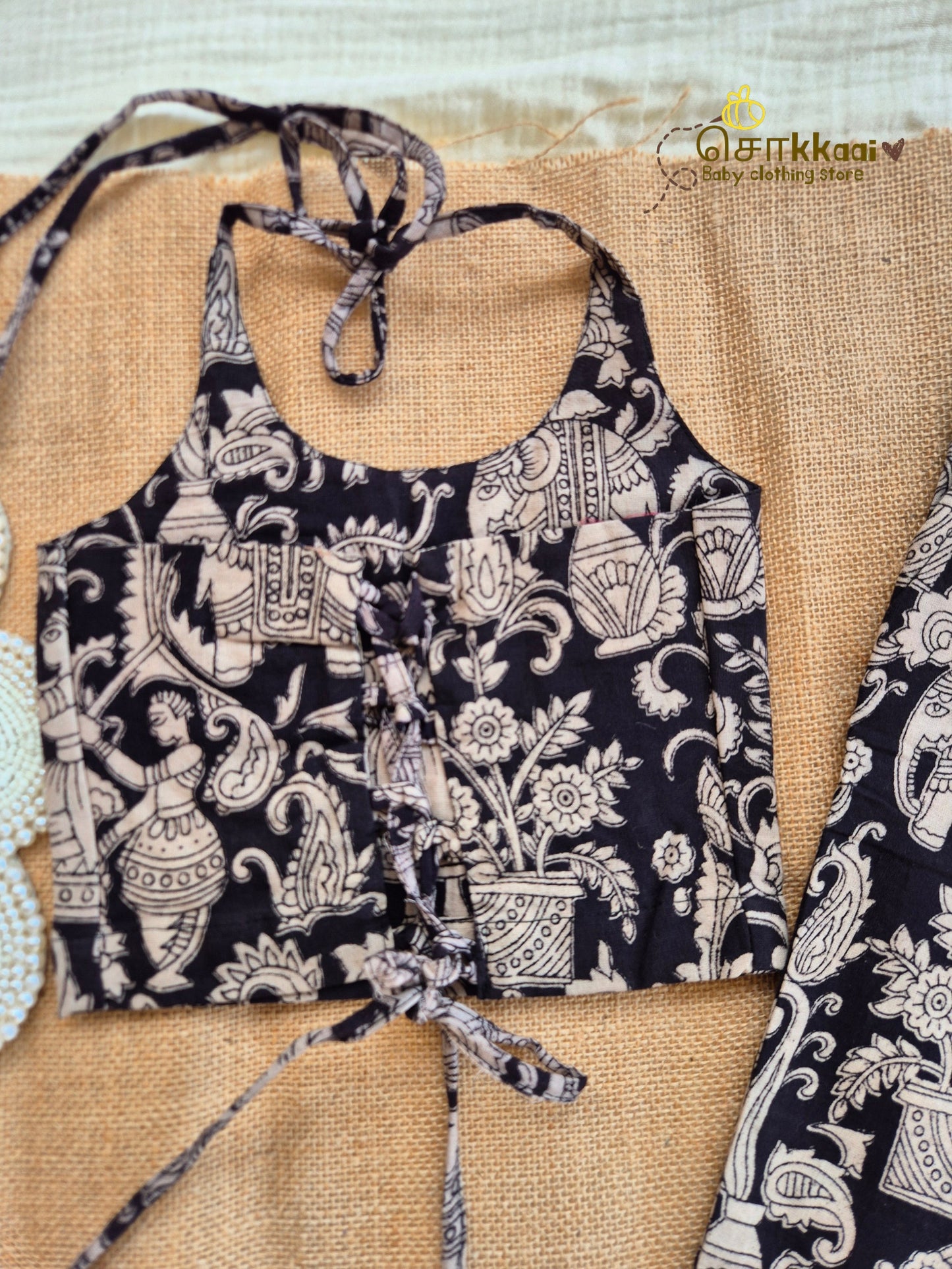 Black Bloom Kalamkari Palazzo Set (1-6years) - Sokkaai