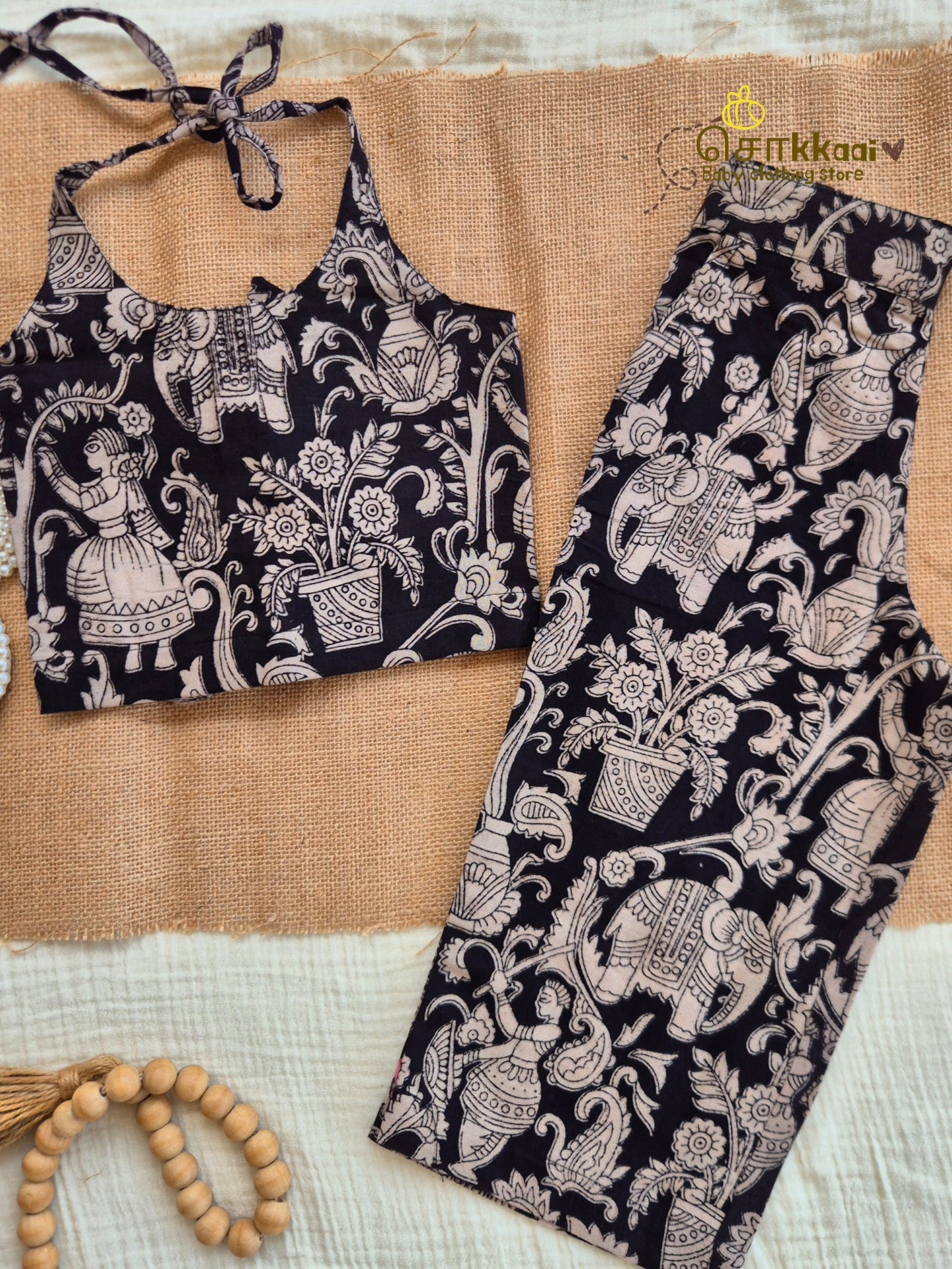 Black Bloom Kalamkari Palazzo Set (1-6years) - Sokkaai