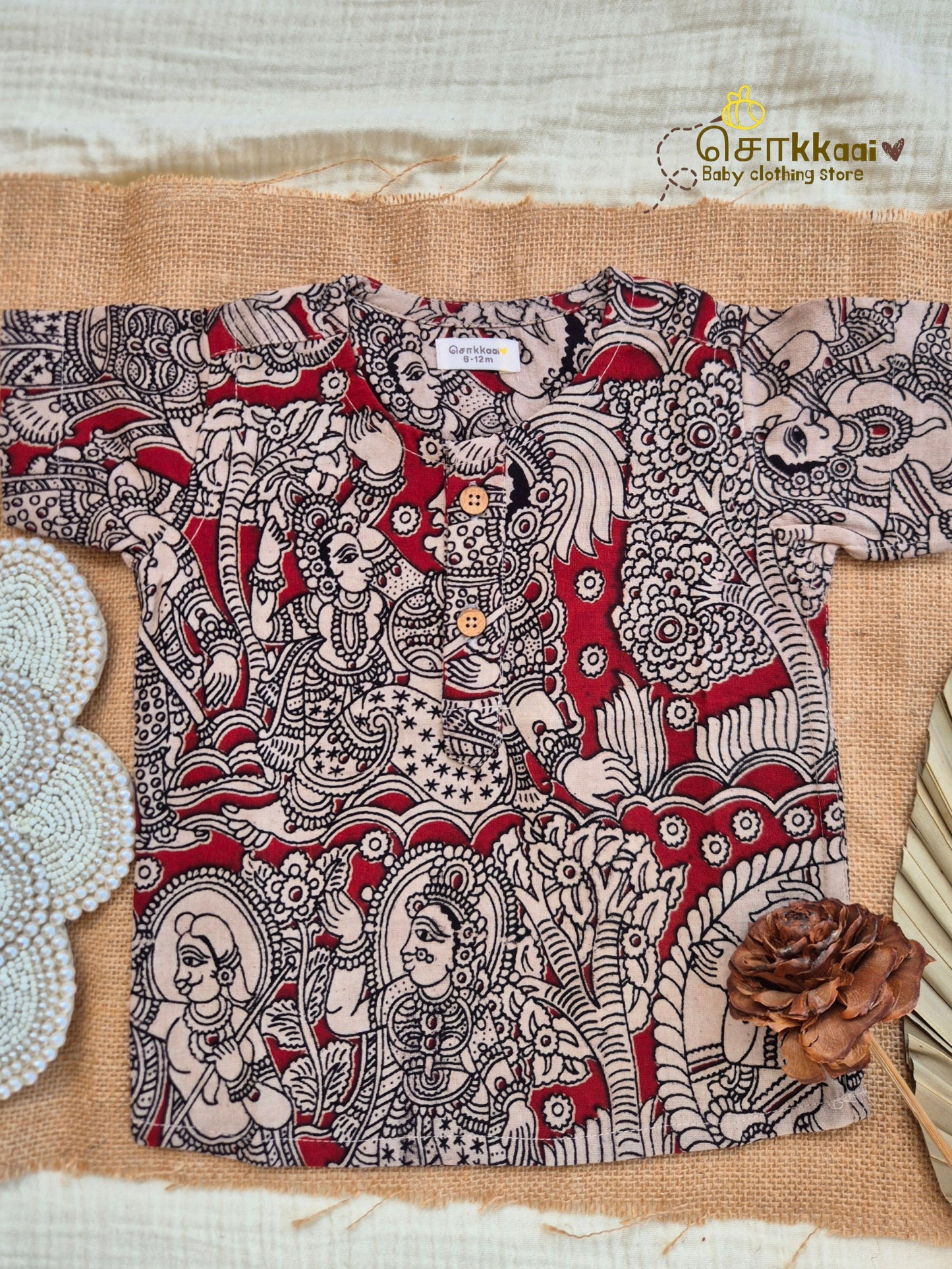 Red Heritage Kalamkari Short Sleeve Kurta/ Jippa (0-6years) - Sokkaai